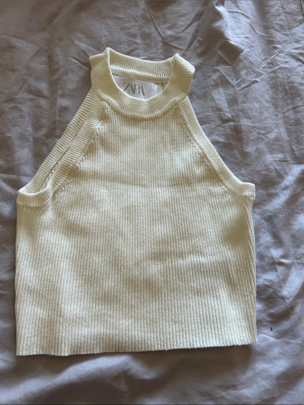 Zara Cream Ribbed Halter Crop Tank